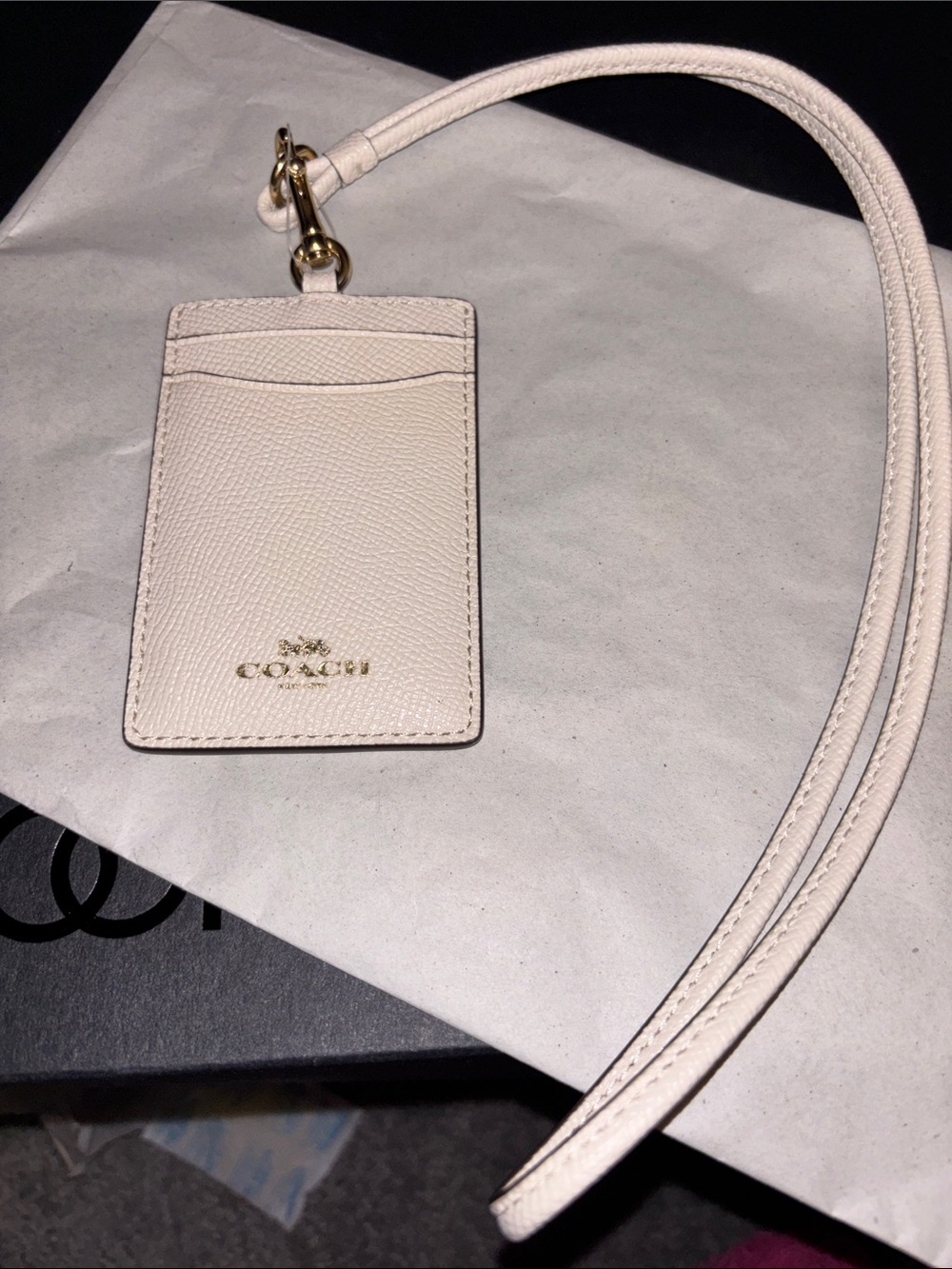 Coach Cream Leather Lanyard ID Card Holder with Gold Hardware